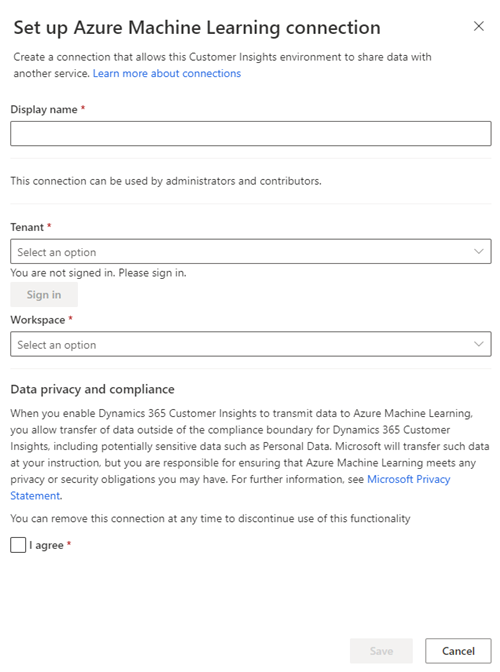 Screenshot of the Azure Machine Learning connection page.