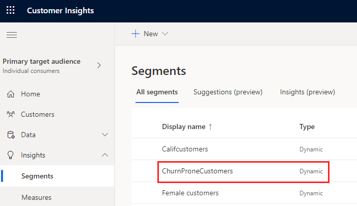 Screenshot of the segments page with the ChurnProneCustomers segment created.