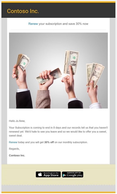Sample email with renewal offer from Adobe Campaign Standard.