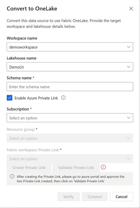 Screenshot of enabling Azure Private Link in the Convert to OneLake dialog.