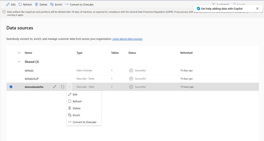 Screenshot of the Data sources page with Convert to OneLake selected.