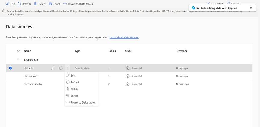 Screenshot of the Data sources page with Revert to Delta tables selected.