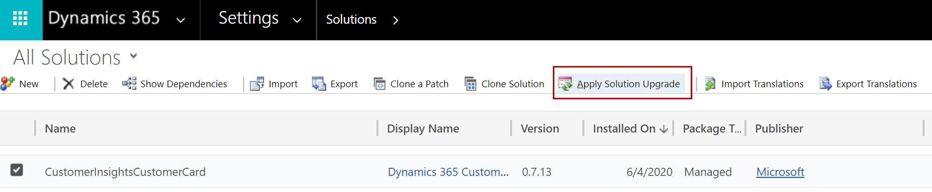 Upgrade the solution in the Customization area of Dynamics 365 apps.