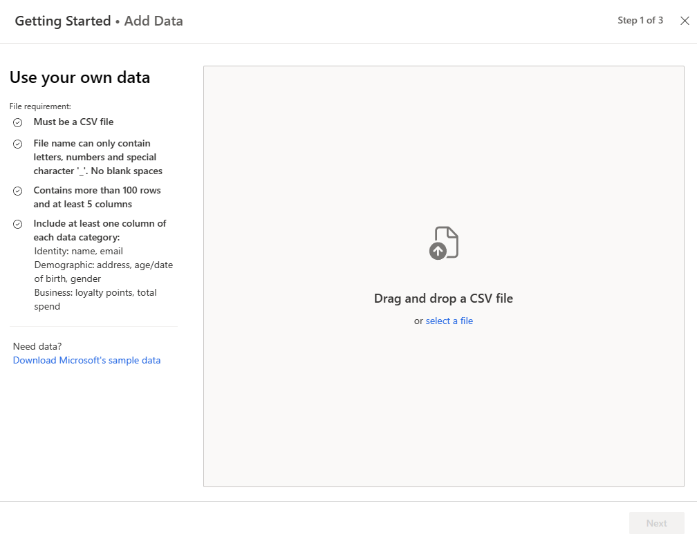 Screenshot of Getting Started - Add Data to add your single CSV file.