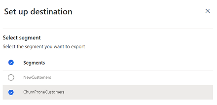 Screenshot of the segment selection user interface with ChurnProneCustomers segment selected.