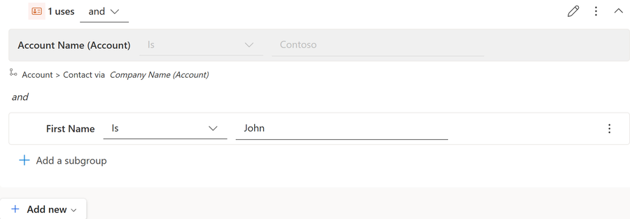 Screenshot of a segment with a locked condition on a related account record and an editable contact condition.