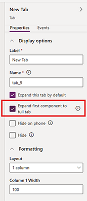 Screenshot showing Expand first component to full tab checkbox.