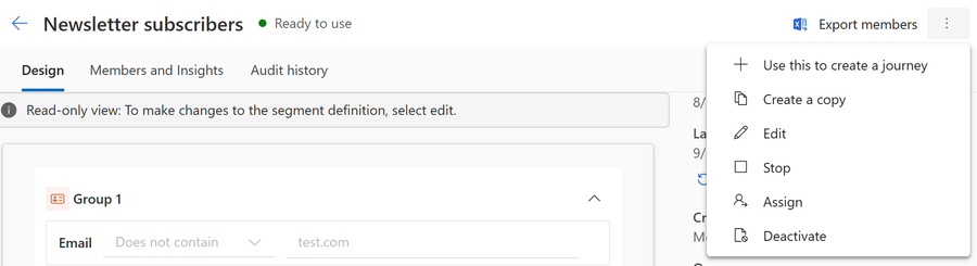The More commands menu on a segment record, with the Edit command highlighted.
