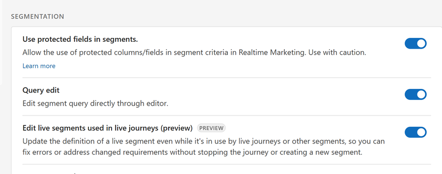 The Segmentation section of the Feature switches page with the Edit live segments used in live journeys switch turned on.