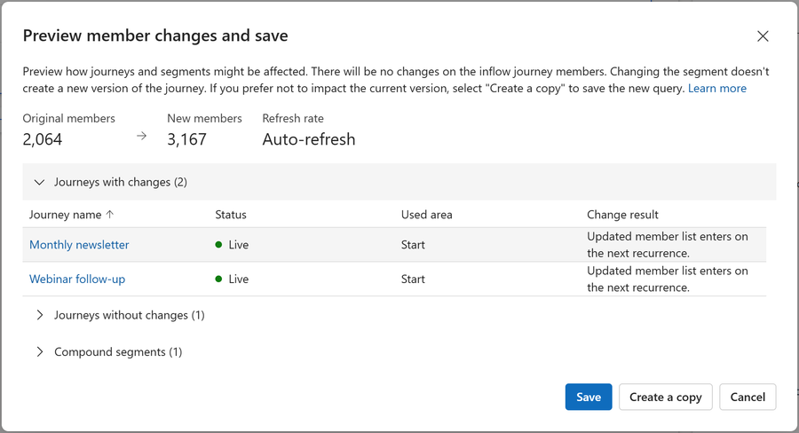 The Preview member changes and save dialog showing the member count estimate and the affected journeys grid.