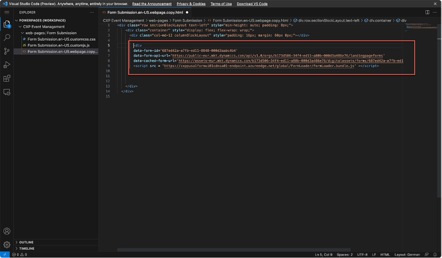 Screenshot showing inserting the generated code in Visual Studio Code.