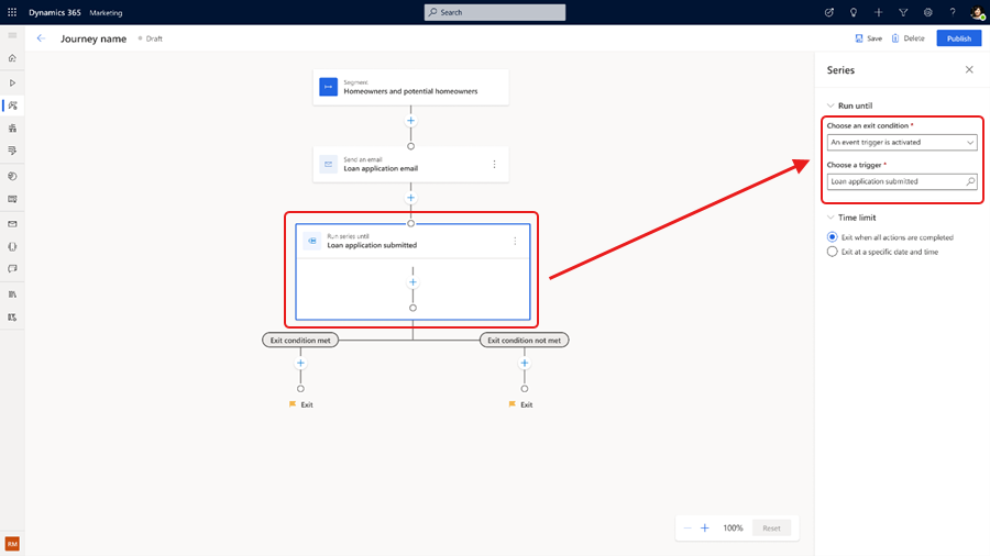 Screenshot showing the Loan application submitted exit condition.