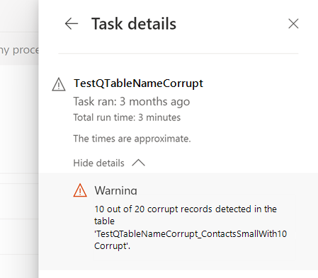 Task detail showing corrupt data error.