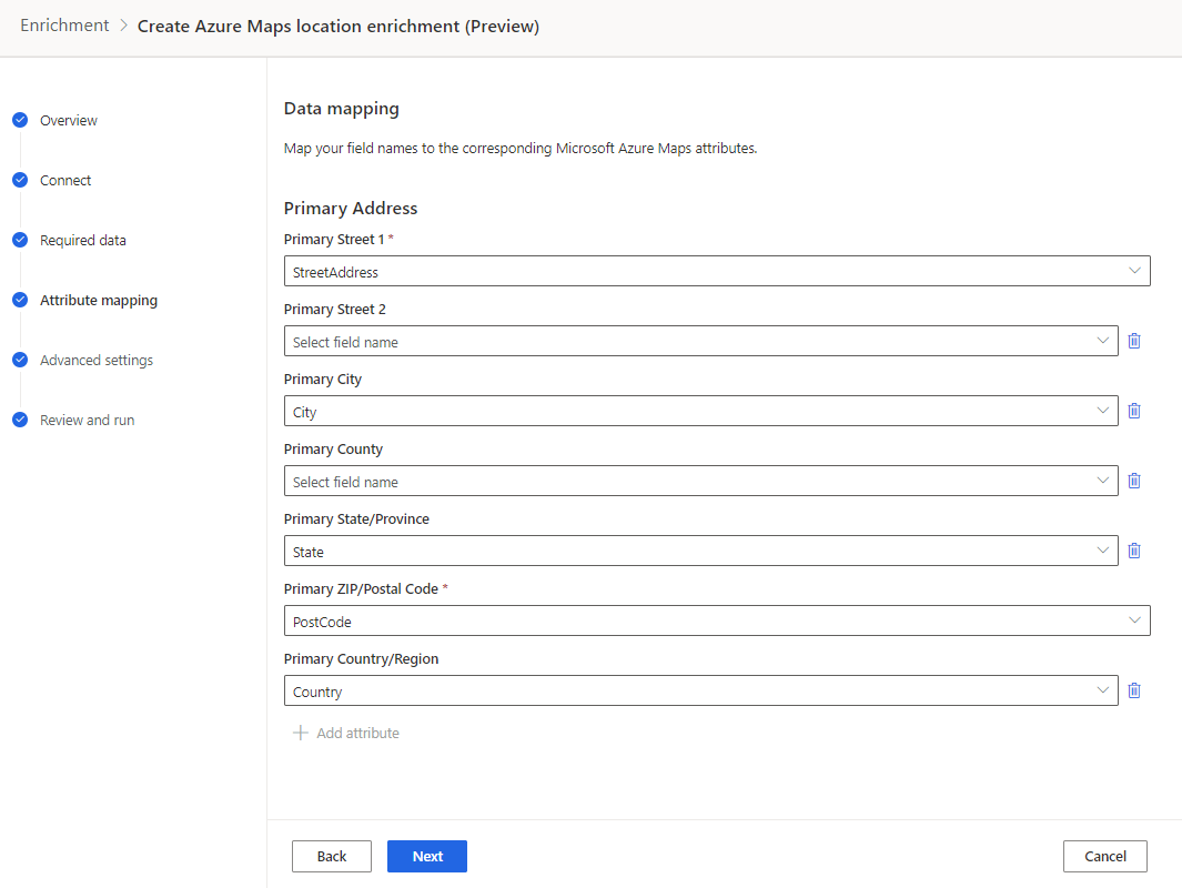 Azure Maps attribute mapping.