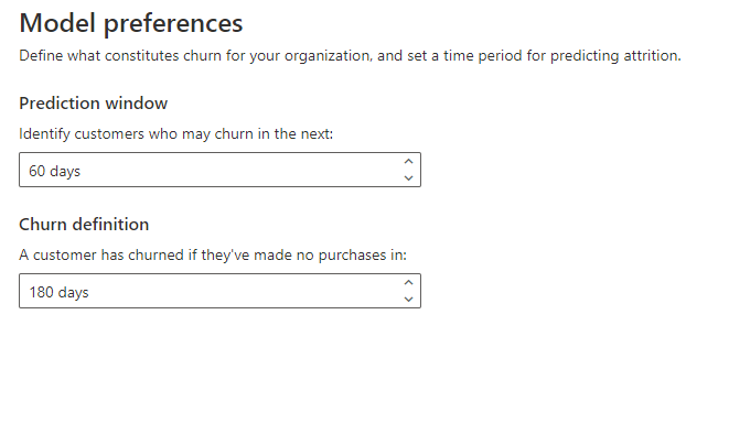 Select the model preferences Prediction Window and Churn Definition.