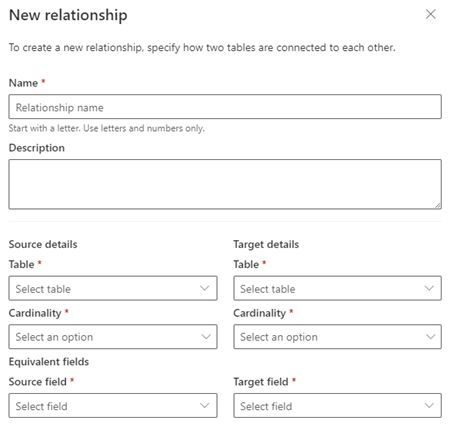 New relationship side pane with empty input fields.