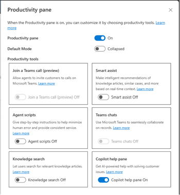 Screenshot of the Productivity panel in agent experience profile.