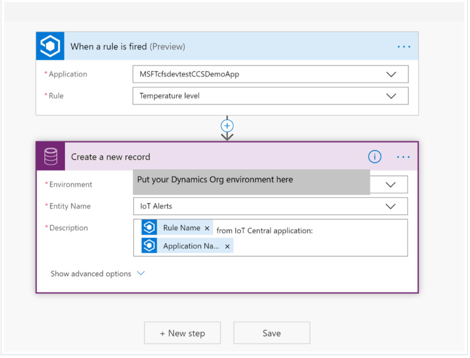 Screenshot of the Flow fields for IoT Central and Dynamics 365.