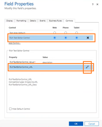 Select Rich Text Editor Control and the pencil icon.