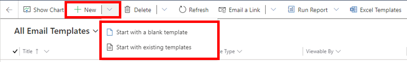 Screenshot that shows options to create a template from blank or from an existing template.