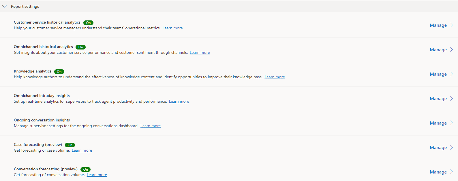 Screenshot of the Insights page in Custom service admin center