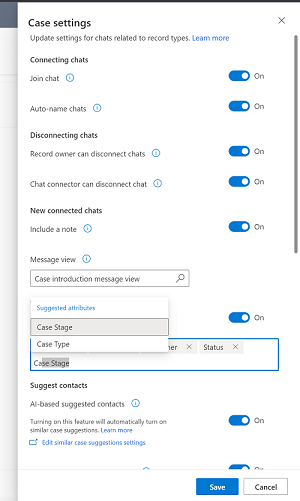 Suggested attributes for configuring chat updates when a field is changed.