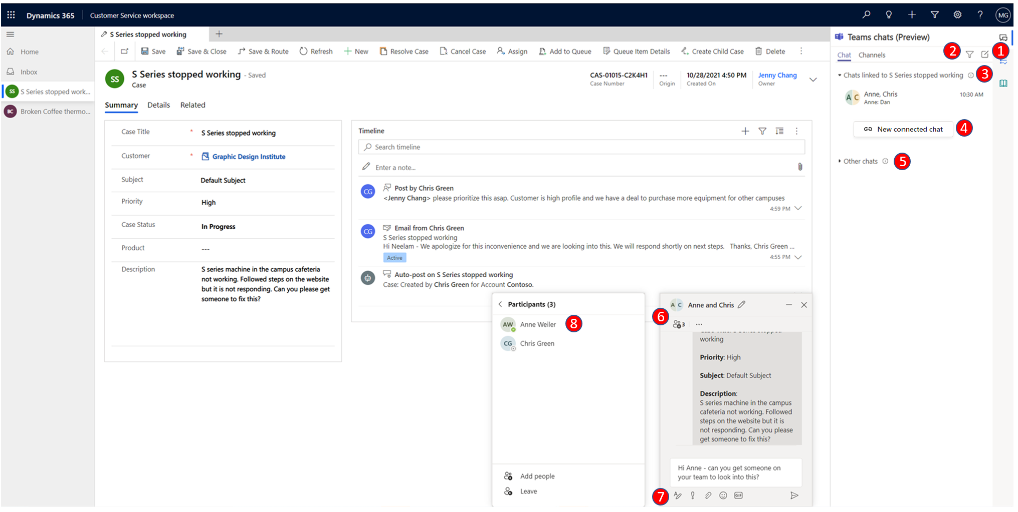 Agent view of the Microsoft Teams chat experience in Dynamics 365 Customer Service.