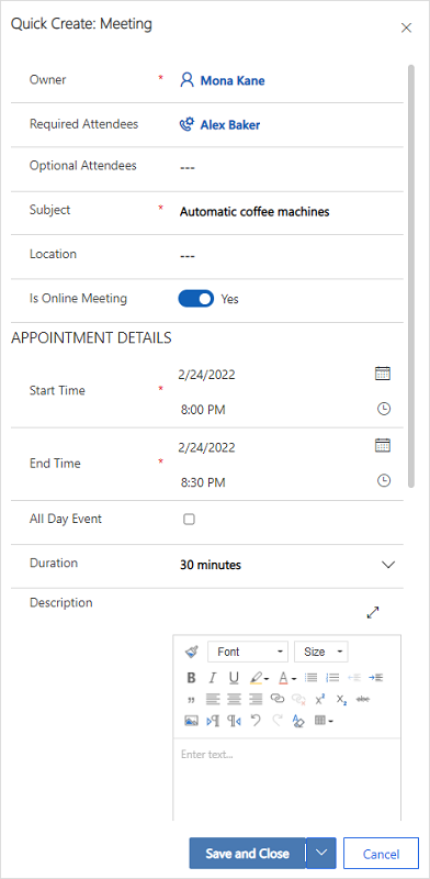 Turn on the Teams meetings toggle in Quick Create: Meeting panel.