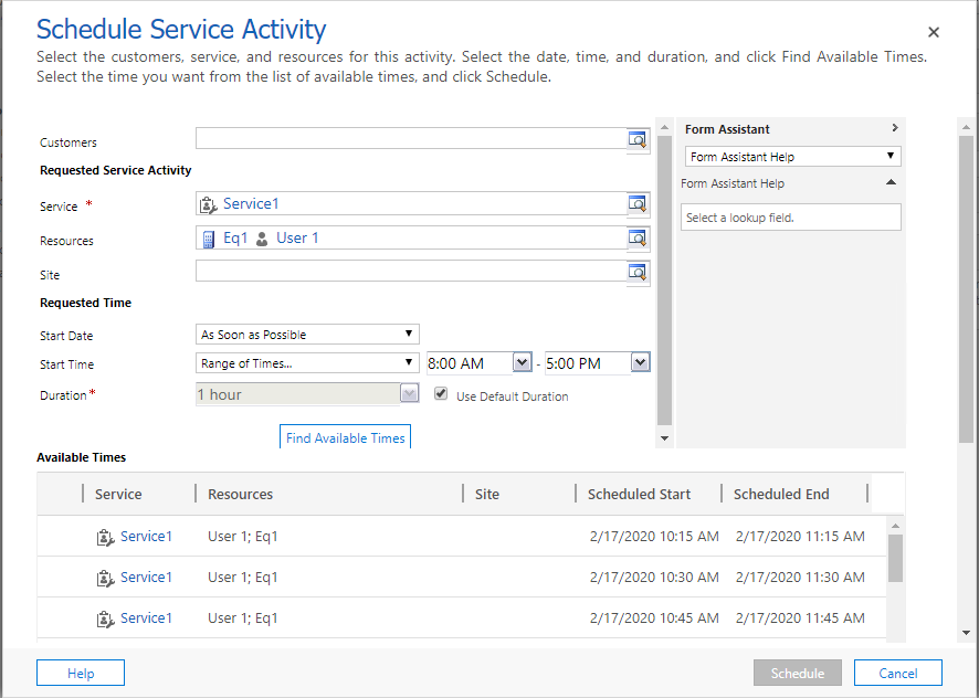 Schedule Service Activity screenshot for scenario 1.
