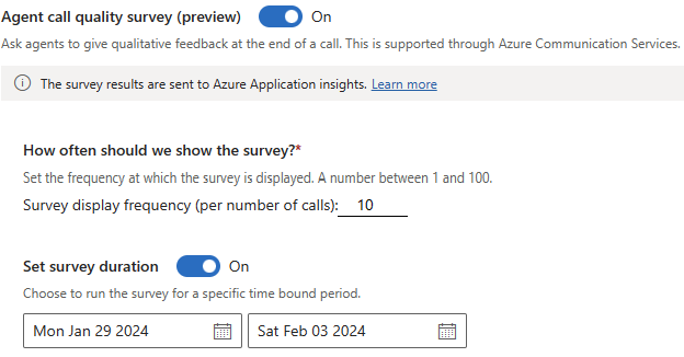 Screen shot of the Agent call quality survey page.