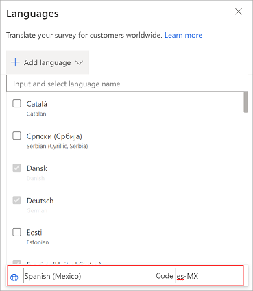 Custom language being added to a survey.