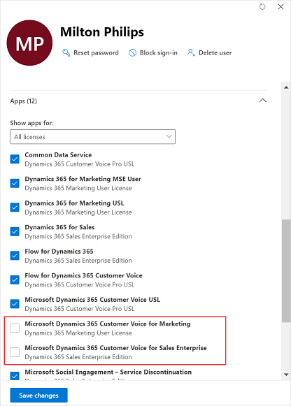 Disable Dynamics 365 Customer Voice for a user.