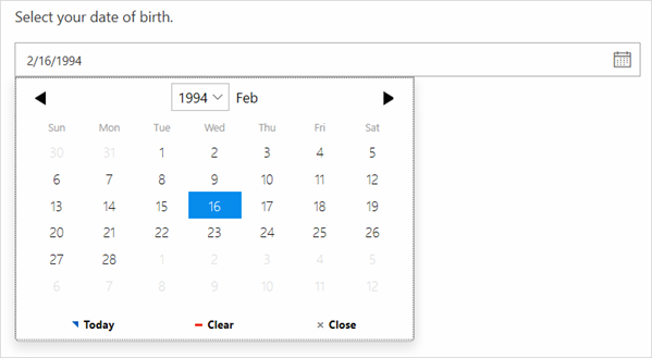Example of a date question with a date selected.