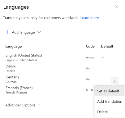 Change the default language of the survey.