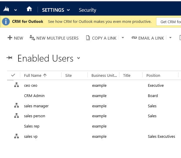 Enabled users with assigned positions in Dynamics 365 for Customer Engagement.