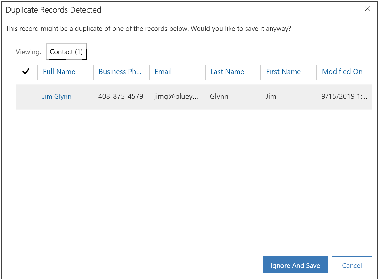 Duplicate contact record detectied in Dynamics 365 Customer Engagement (on-premises).
