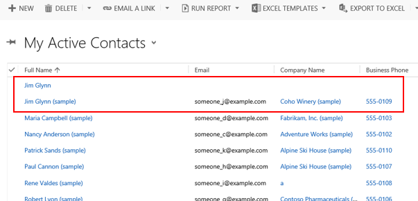 Duplicate contacts listed in the My Active Contacts list in Dynamics 365 Customer Engagement (on-premises).