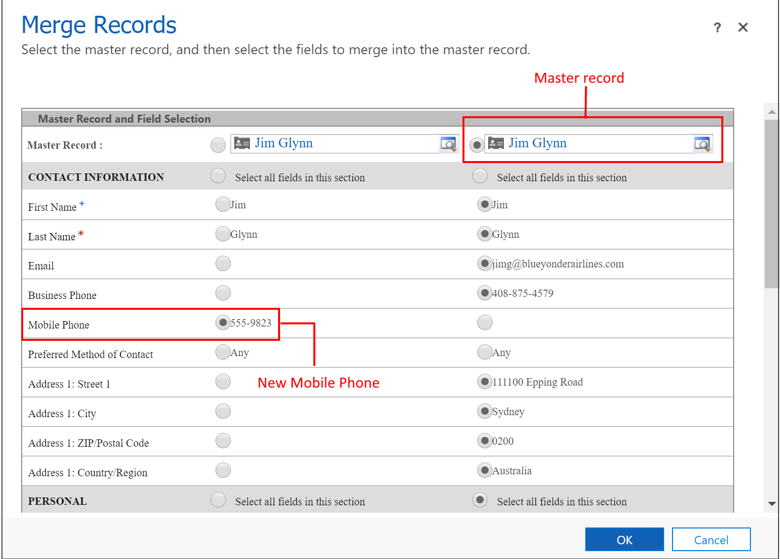 Dialog box for merging records in Dynamics 365 Customer Engagement (on-premises).