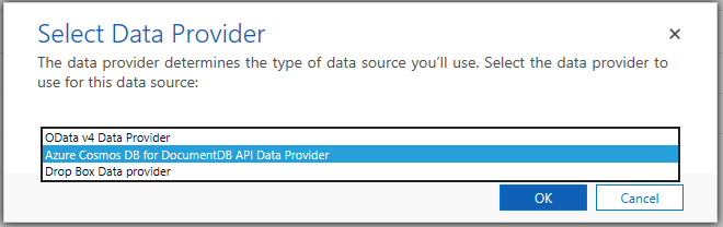 Select the Azure Cosmos DB for SQL API Data Provider.