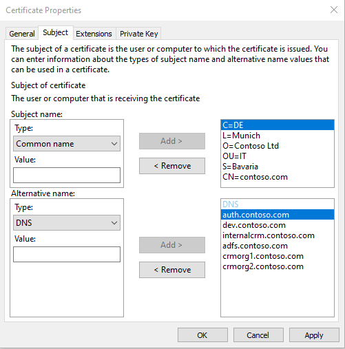 Certificate subject alternative name examples