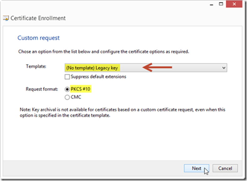 Select options to create the custom certificate request