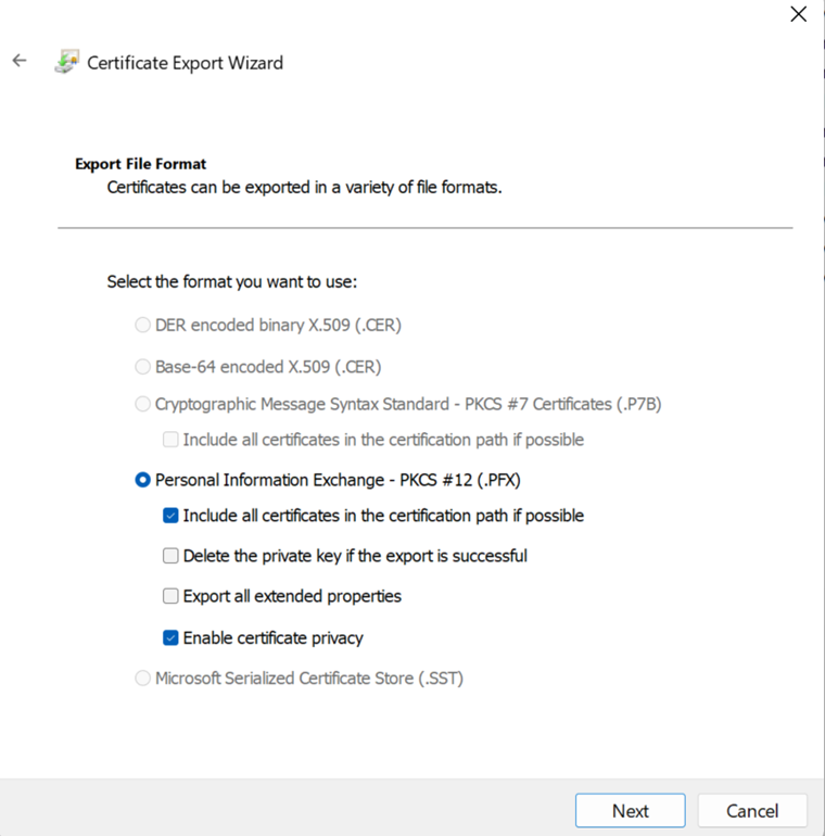 Certificate export format