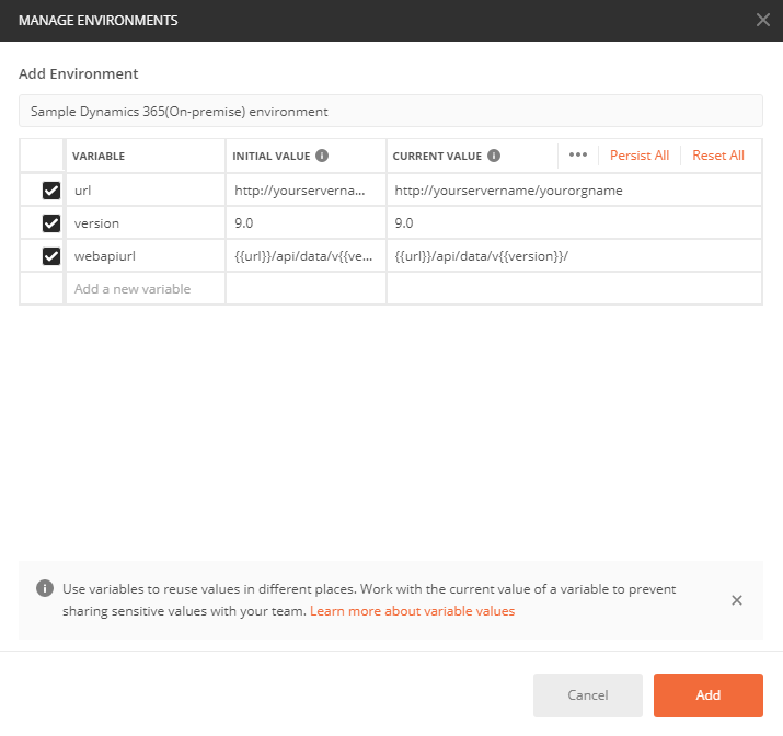 Create a new Postman environment to connect with On-premise instance.