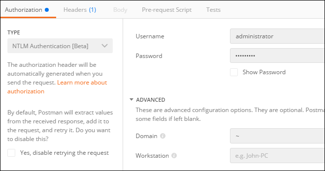 Click on Authorization tab, and select NTLM Authentication.