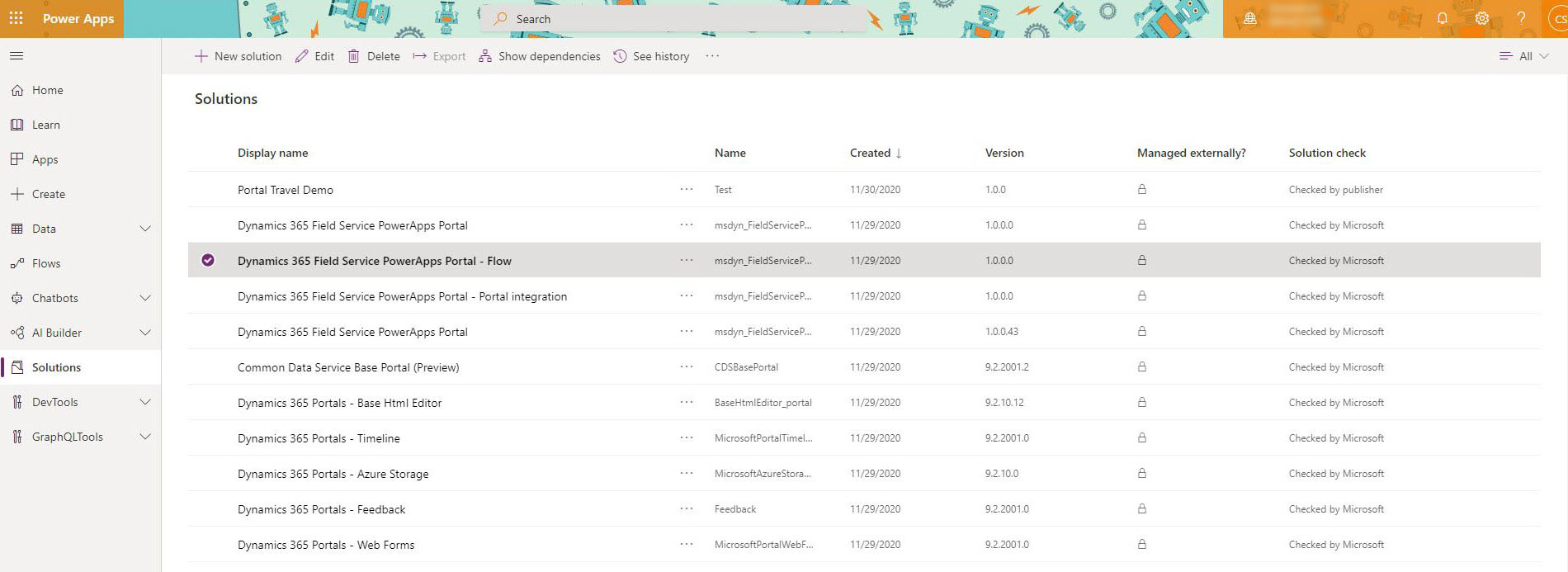 Screenshot of of Power Apps showing the list of solutions with "Dynamics 365 Field Service PowerApps Portal – Flow" selected.