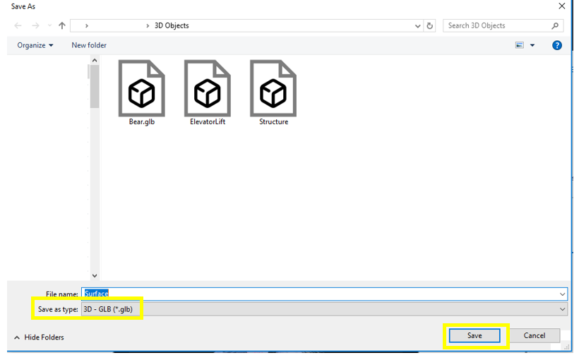 Screenshot of save as type, selecting 3D-GLB(.glb).