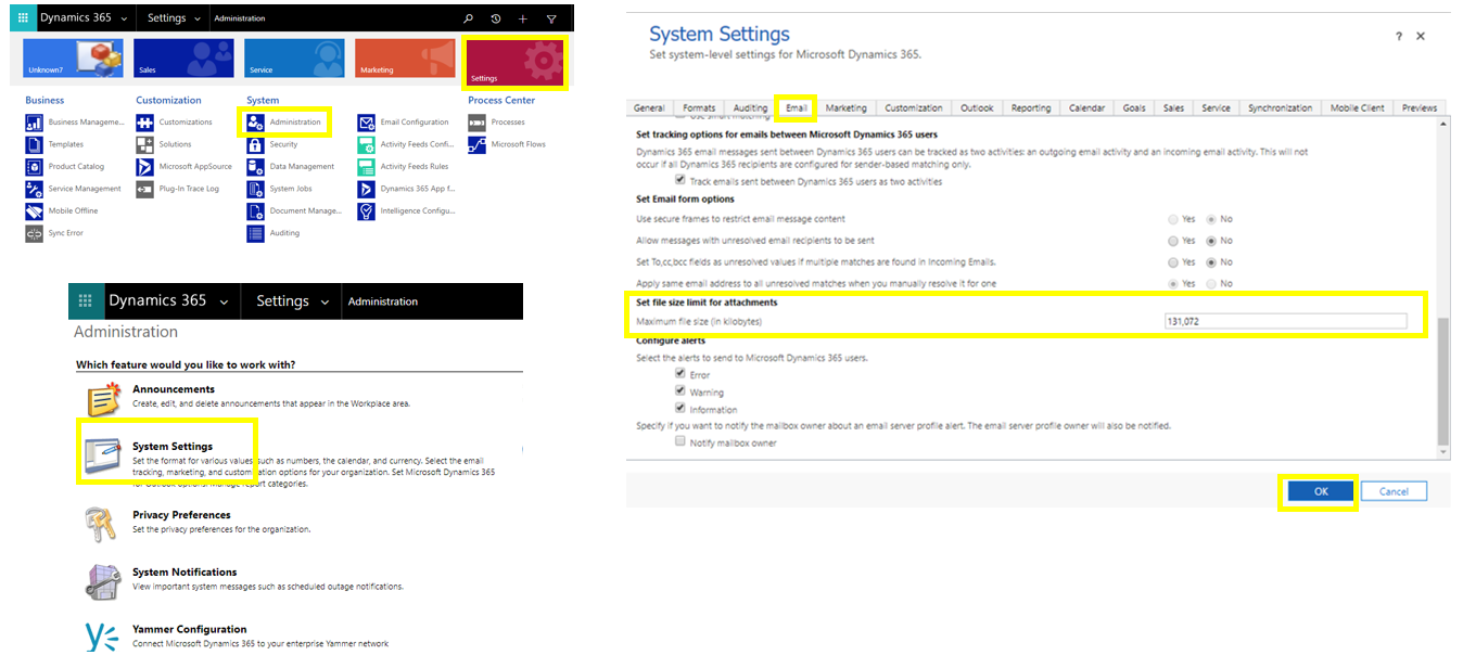 Screenshot of increasing attachment file size in D365 administration.