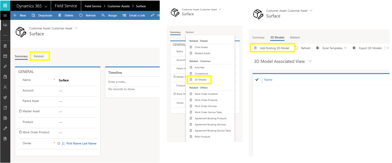 Screenshot of associate your 3D model with a customer asset.