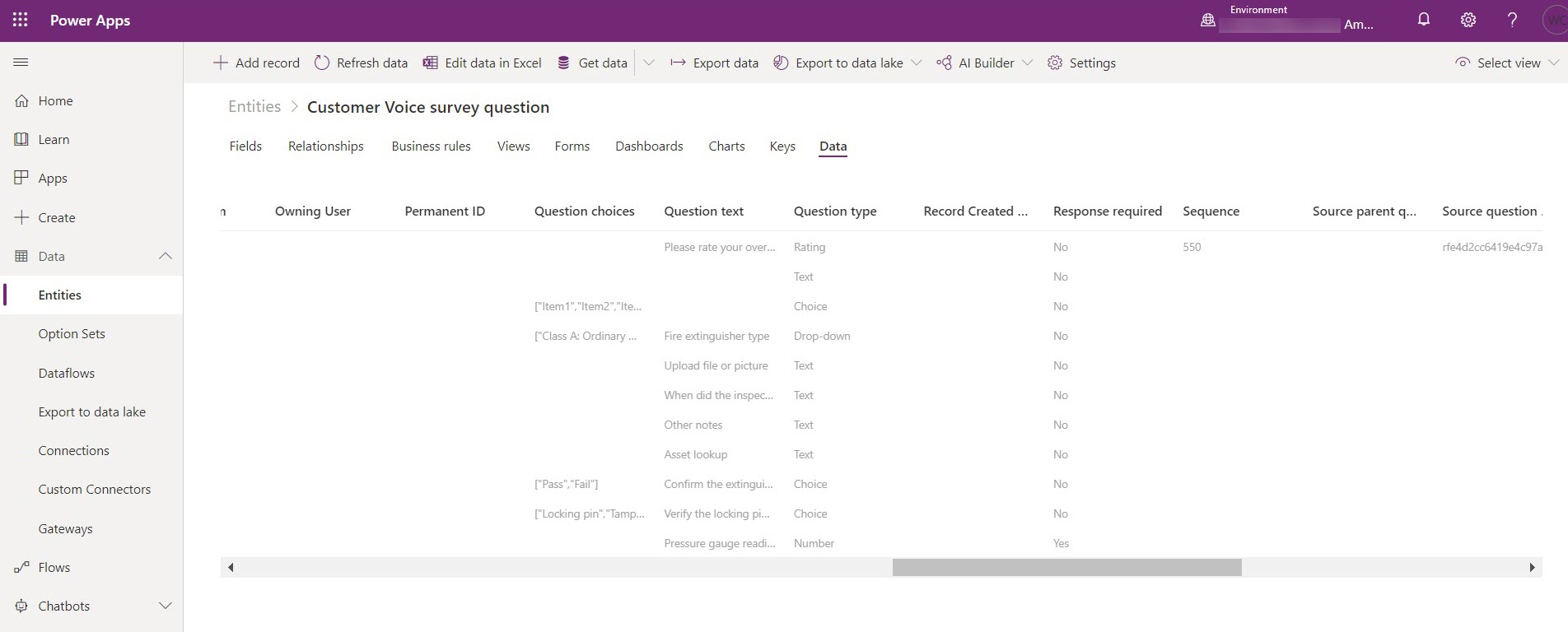 Power Apps, showing the Customer Voice survey question entity detail page.