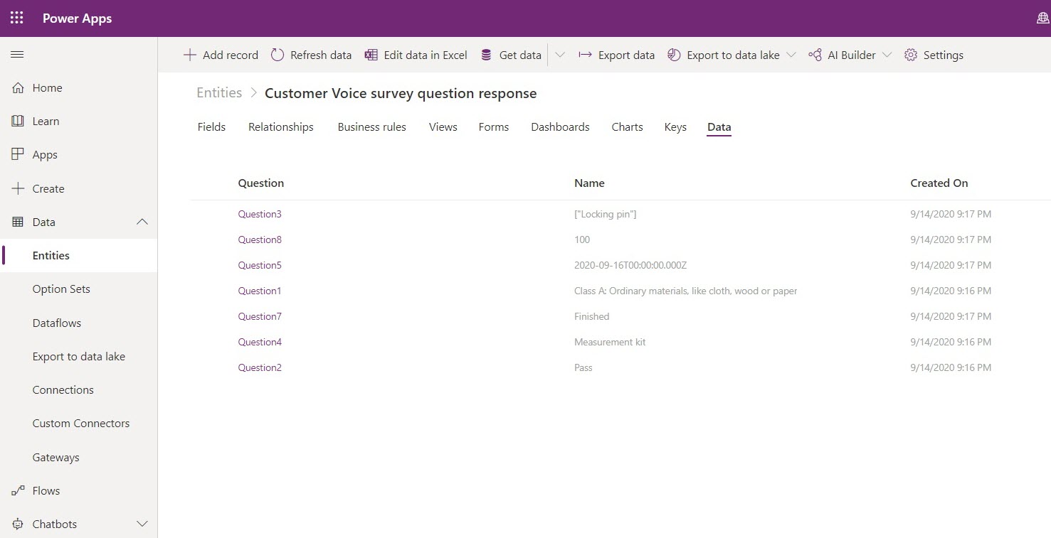 Power Apps, showing the inspection responses in the Customer Voice survey question response entity.
